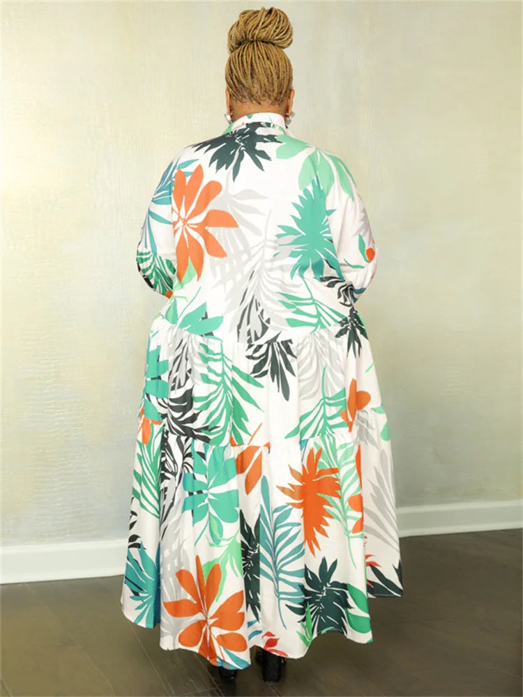 Maxy Plus Size Women Clothing Dresses Xl-5xl Flower Printed Long Sleeve Shirts Elegant Dress.