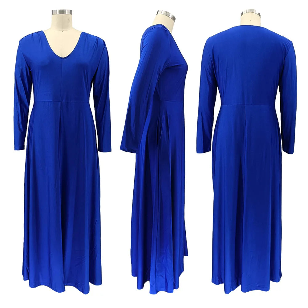 Maxy Plus Size Party Dresses Women Clothing 2024 V Neck Long Sleeve Solid Loose Elegant Maxy Dresses