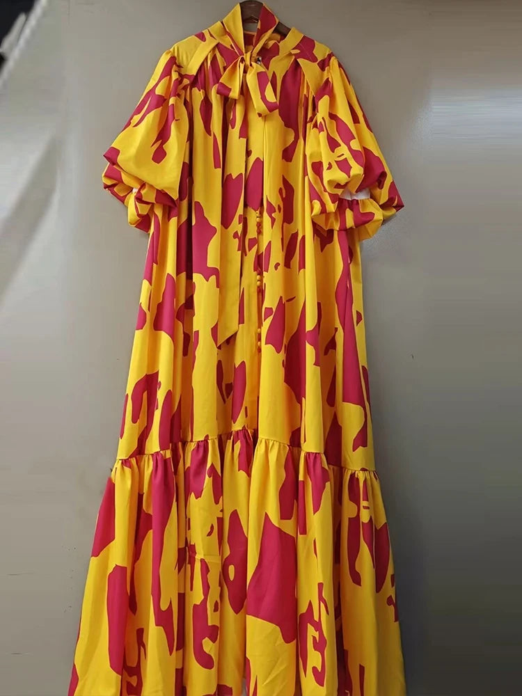 Maxy Elegant single-breasted bubble short sleeve geometric printing casual loose dress summer ladies temperament lace-up dress