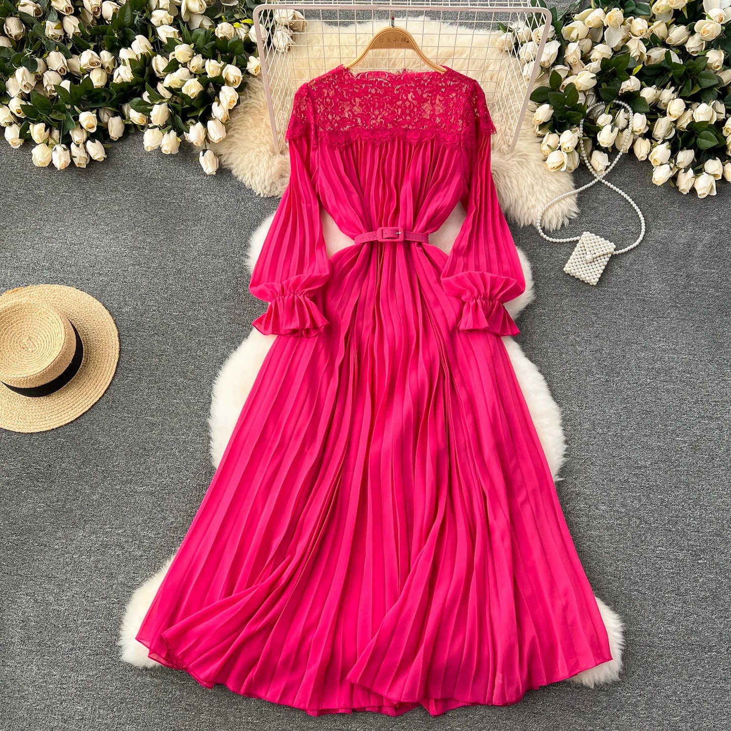 Spring Summer Women Hollow Out Lace Patchwork Pleated Long Dress Vintage Red/Blue/Purple Draped Maxi Vestidos Female Robe New