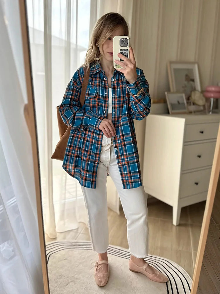 Maxy Green Vintage Plaid Shirt Women Oversize Top Long Sleeves Autumn Winter Loose Women's Shirt And Blouses Oversized
