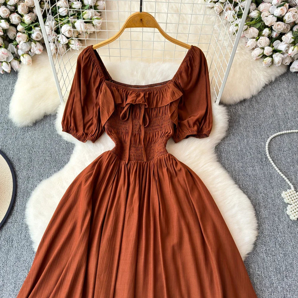 Babs Chic Elegant Square Collar Macy Dress Women Solid Short Puff Sleeve Dresses 2024 Korean Fashion Vintage Ruffle Vestidos