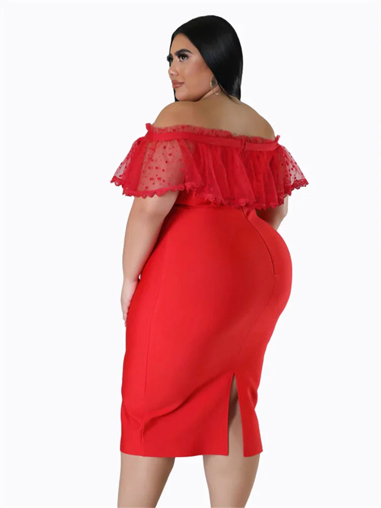 Maxy Plus Size Party Dress Women Clothing Solid Mesh Patchwork Off Shoulder Dress Fashion Outfits