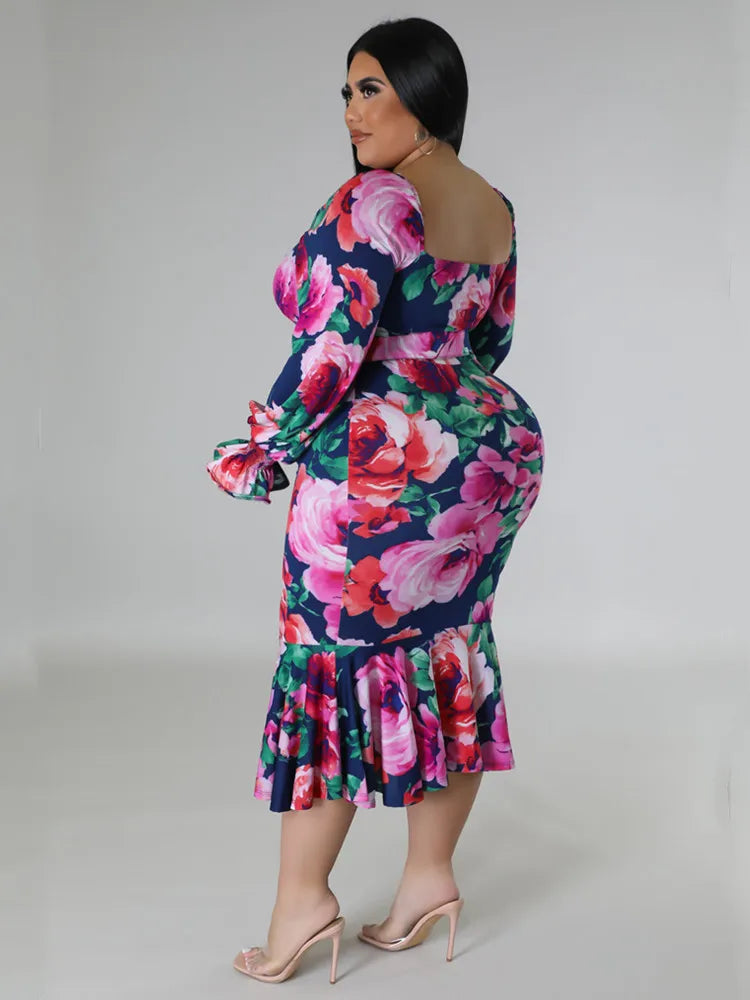 Maxy Plus Size Dresses for Women Summer Holiday Clothing Floral Print Off Shoulder Dress with Belt