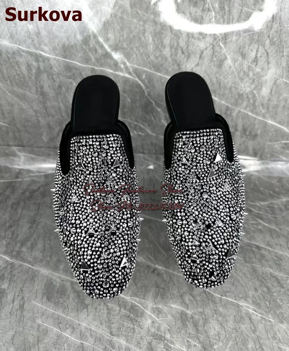 Maxy Surikova Men's Bling Silver Crystal Flat Slippers Metallic Rivets Loafers Slip-on Glittering Rhinestone Dress Shoes Mules