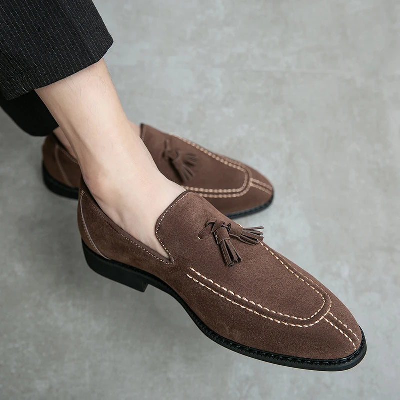 Visco Men's Loafers Brand Suede Leather Shoes Vintage Slip-on Classic Casual Men Driving Shoes Wedding Male Dress Shoes Tassel pointed