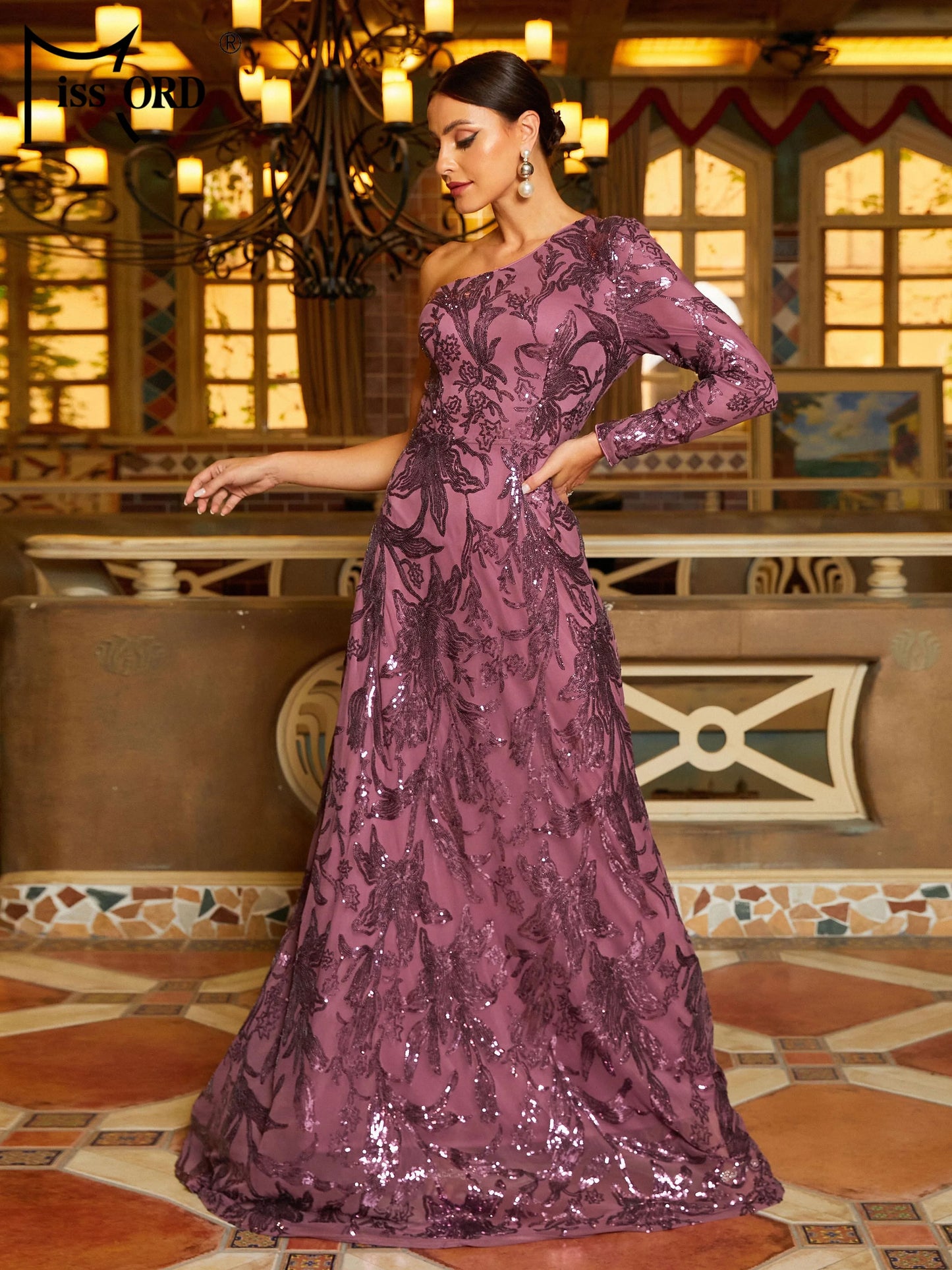 Maxy Purple Foral Sequin Evening Dress Elegant Women One Shoulder Long Sleeve A-line Party Prom Dresses Formal Gown