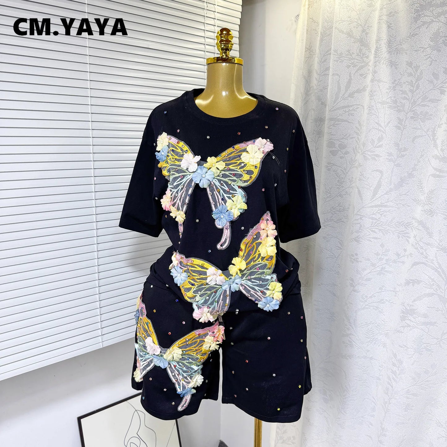 Maxy Fashion Butterfly Floral Beading Women's Set T-shirt and Shorts 2025 Summer Active Two 2 Piece Sets Outfit Tracksuit