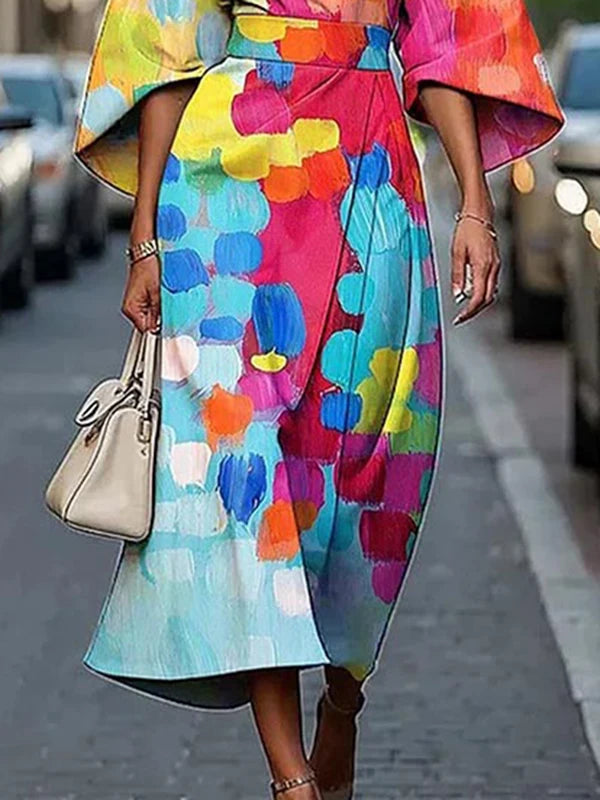 Maxy New African Dresses for Woman Summer Short Sleeves Asymmetric Tied Waist Casual 1 Pieces Woman Midi Colorful Dress