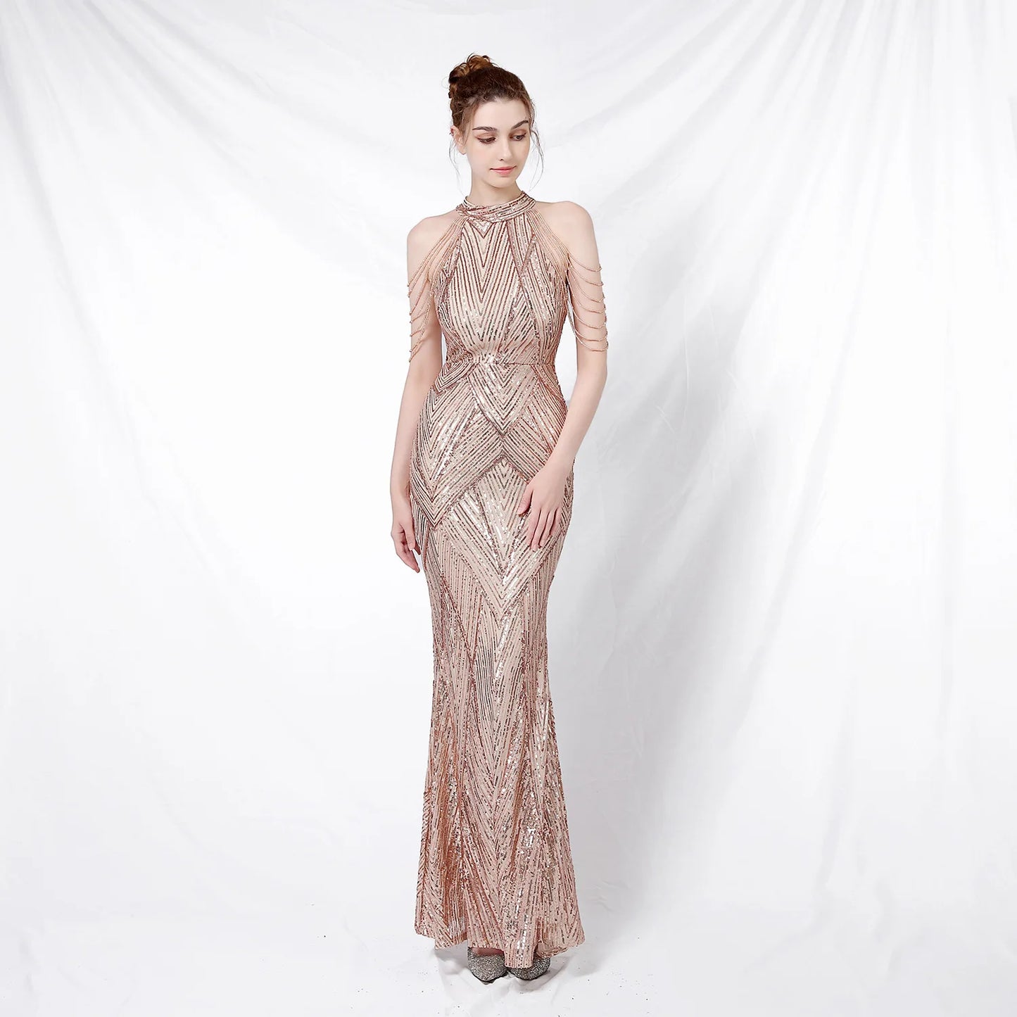Maxy Prom Long Elegant Dresses Halter Sequin Mermaid Prom Dress De Fiesta Evening Dresses Customized