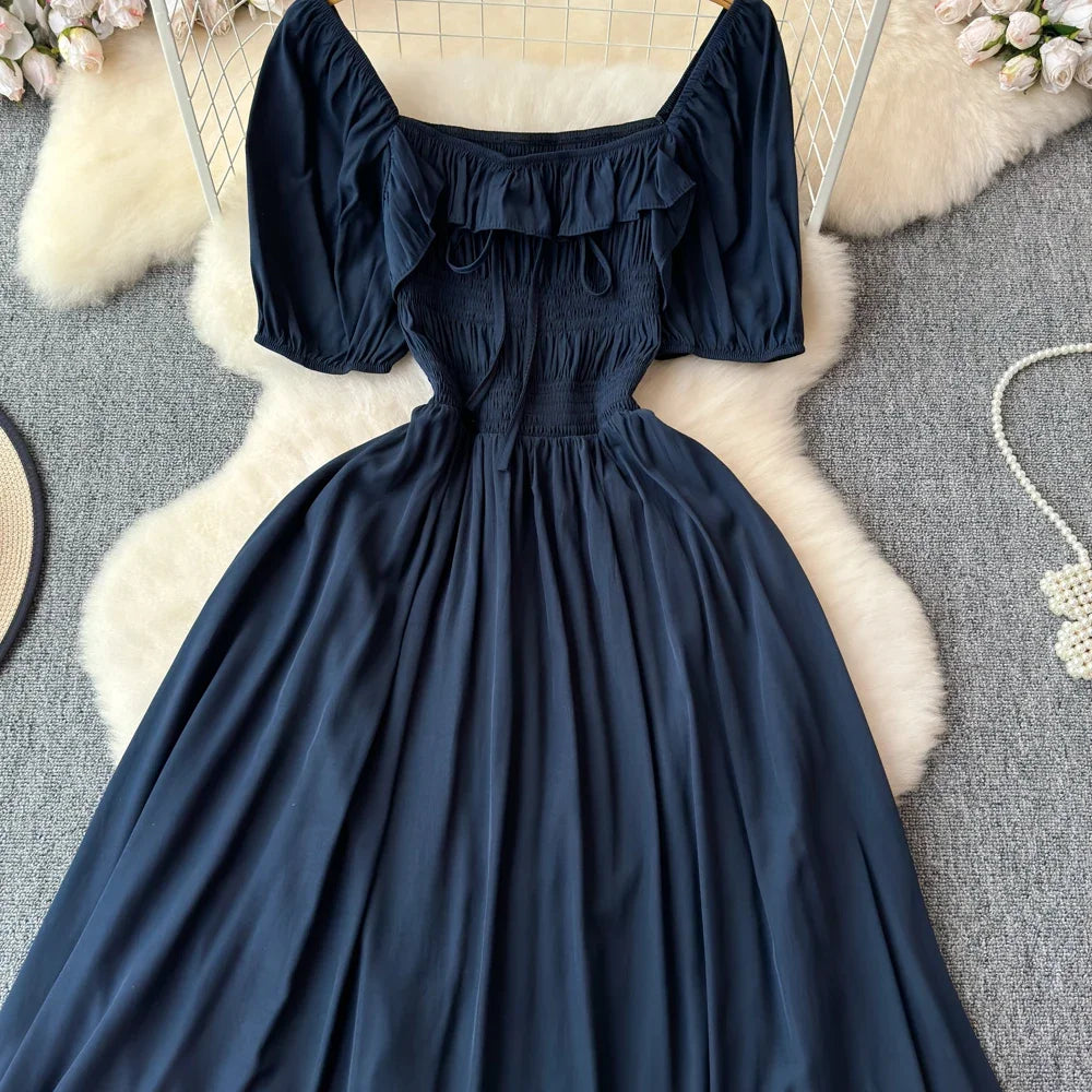 Babs Chic Elegant Square Collar Macy Dress Women Solid Short Puff Sleeve Dresses 2024 Korean Fashion Vintage Ruffle Vestidos