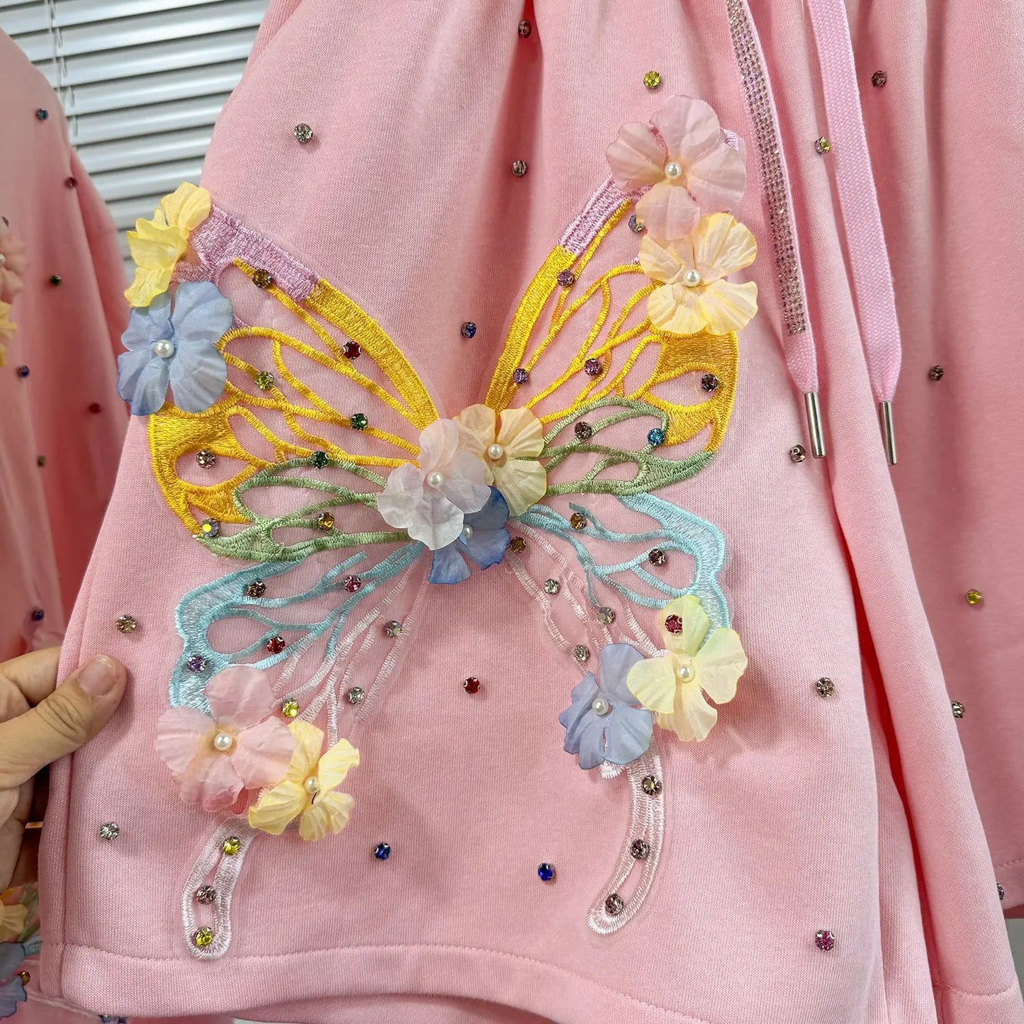 Maxy Fashion Butterfly Floral Beading Women's Set T-shirt and Shorts 2025 Summer Active Two 2 Piece Sets Outfit Tracksuit