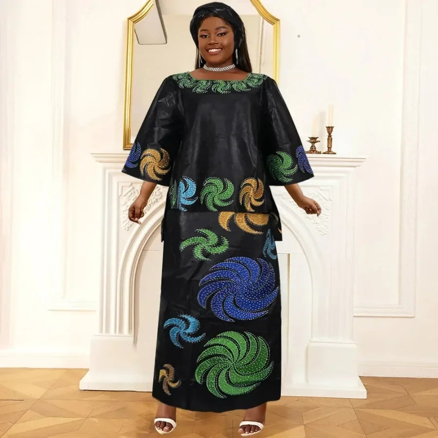 Amay With Headscarf Plus Size African Clothes for Women Dashiki Ankara Evening Gown Outfit Wedding Party Top Skirt Matching Sets