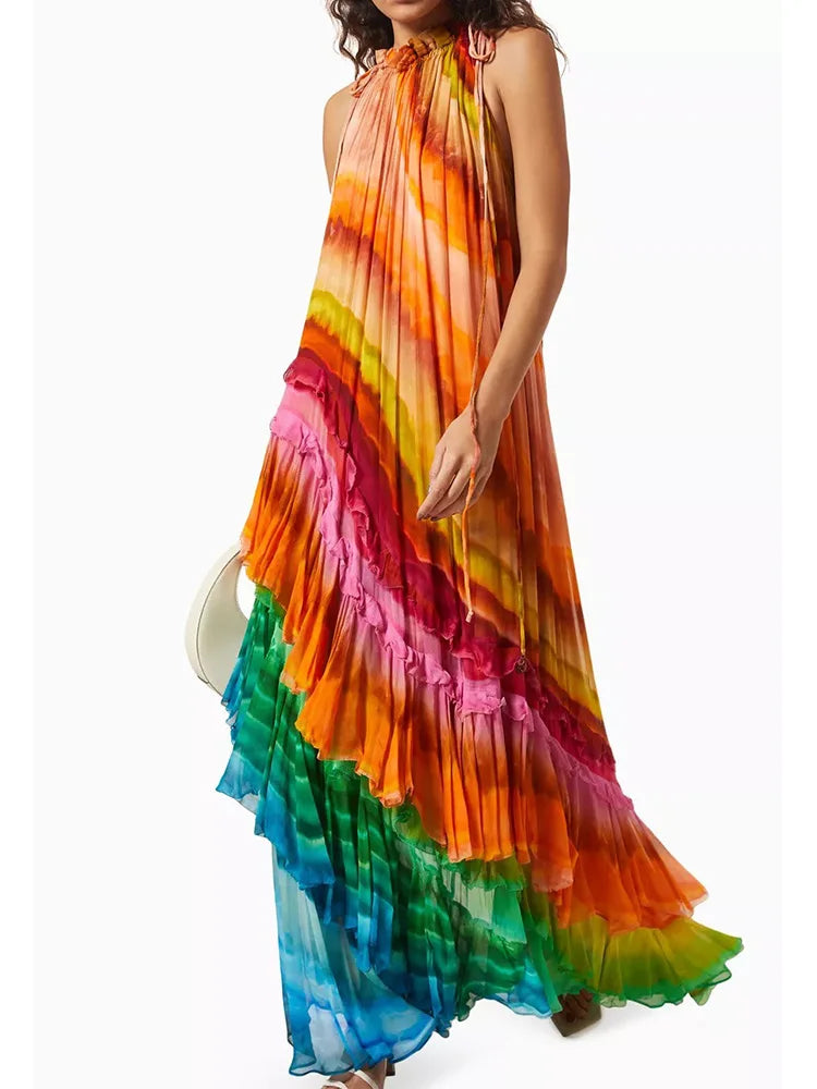 Maxy Simple Casual Women Summer O Neck Dress Elegant Femme Sleeveless Holiday Print Ruffles Patchwork Maxi Dress Streetwear