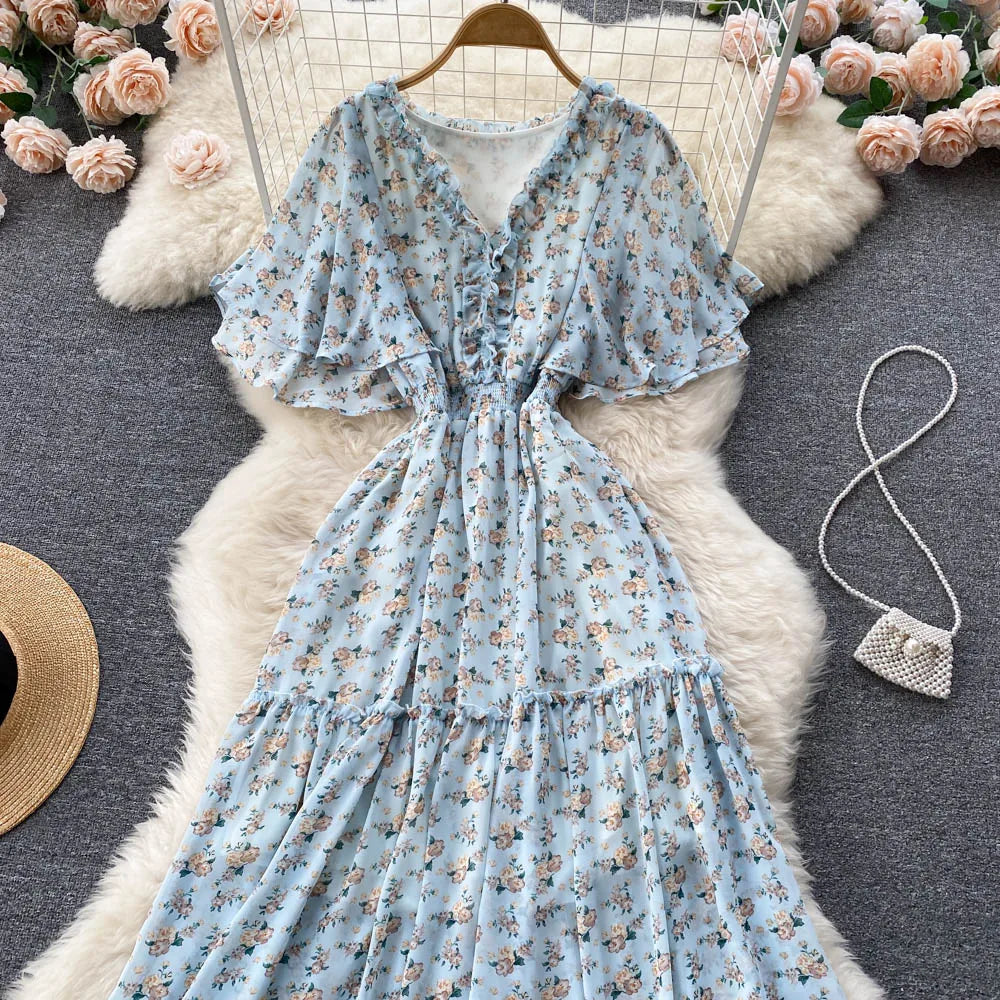 Maxy Ruffled Women Summer Long Dress 2024 Elastic Waist V Neck Vacation Chic Elegant Ladies A Line Slim Beach Dresses