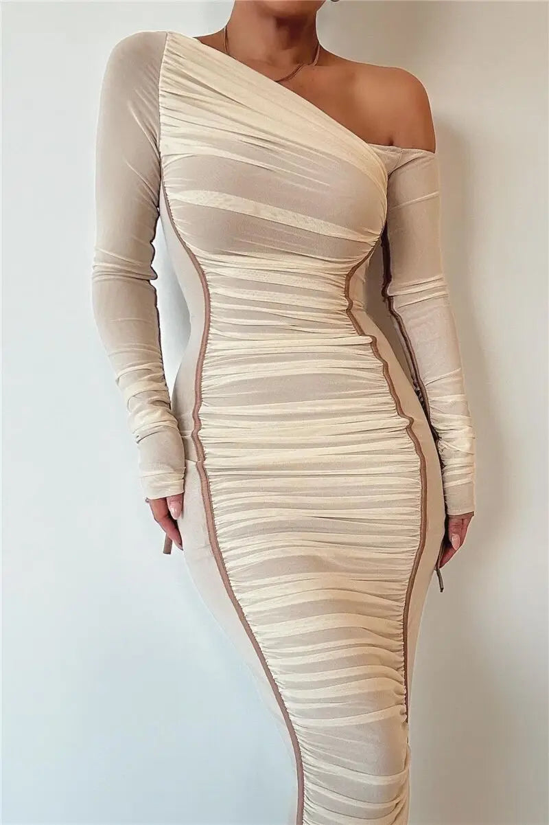 Maxy Diagonal Collar Long Sleeve Midi Dress for Women Two Layer Mesh Backless Bodycon Club Party Sexy Long Dress