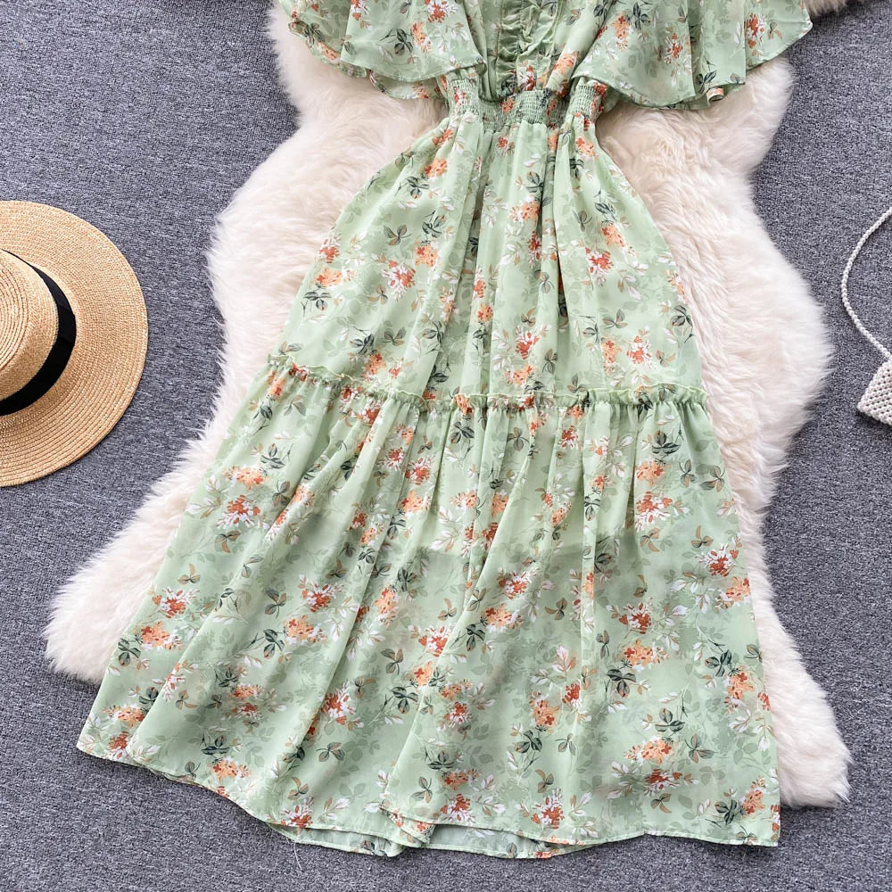 Maxy Ruffled Women Summer Long Dress 2024 Elastic Waist V Neck Vacation Chic Elegant Ladies A Line Slim Beach Dresses