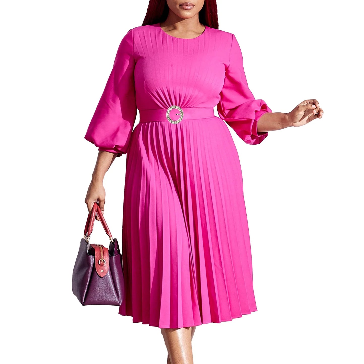 Maxy Elegant Dresses Woman Pleated O Neck Full Sleeve Belt Waisted Mid Calf Luxury Female Birthday Party Dinner Vestidos Mujer