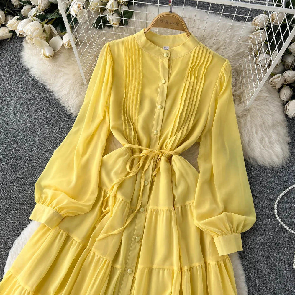 Maxy Spring Autumn Women Purple/Yellow/Blue Draped Chiffon Midi Dress Elegant Stand Collar Single Breasted Lantern Sleeve dress