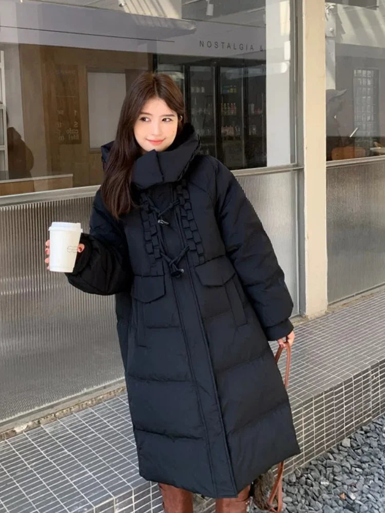 Maxy Thick Windproof Down Jacket for Women, Warm Parka with Button Pocket, Mid-length Outerwear, High Street, Winter, New,