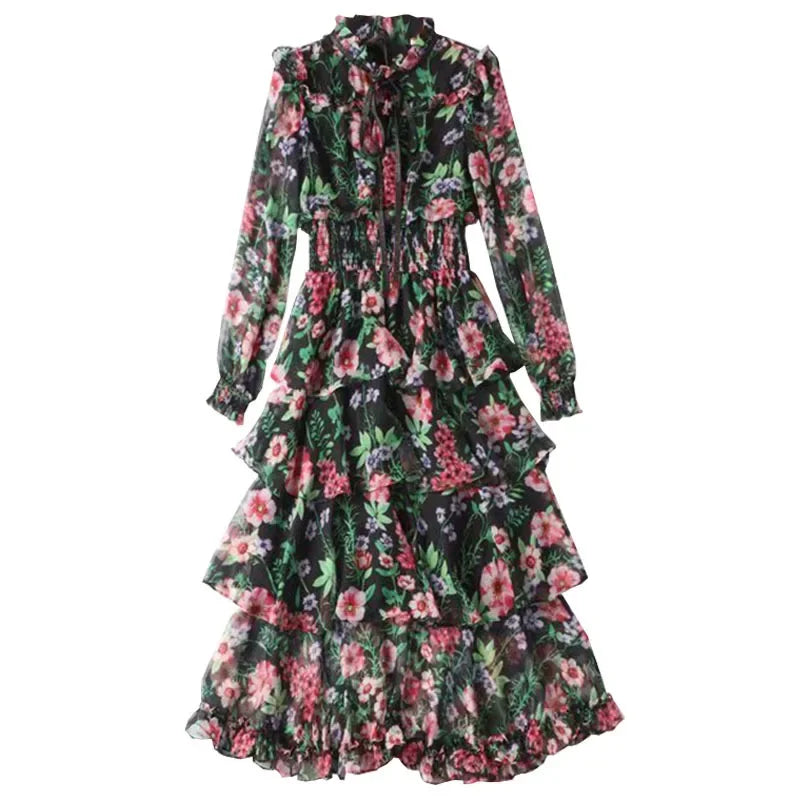 Babs Spring Summer Elegant Silk Dresses for Women Long Sleeve Floral Dress Korean Fashion Clothes Vestidos Pph4204