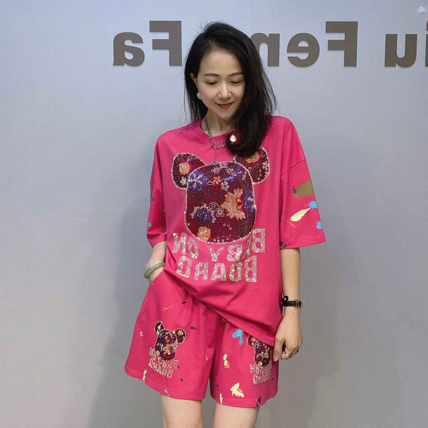 Maxy Two Piece Sets Women's Outfits Bear Cartoon Diamonds Summer Clothing Casual Tracksuit Short Sleeve Sports Suit Костюм Женский
