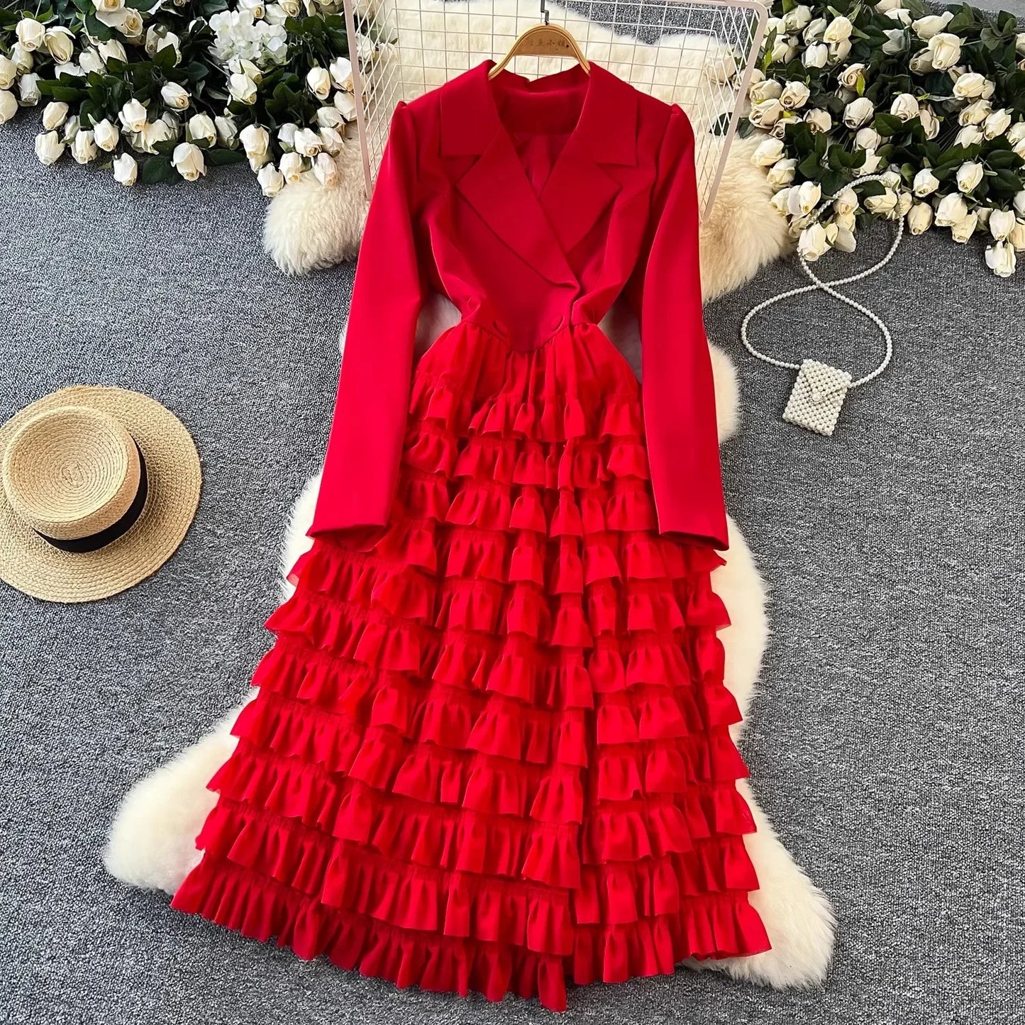 Zay Women Vintage Evening Party Dress Spring Autumn Lapel Long Sleeve Patchwork Mesh Layered Dresses Ladies Elegant Long Robe