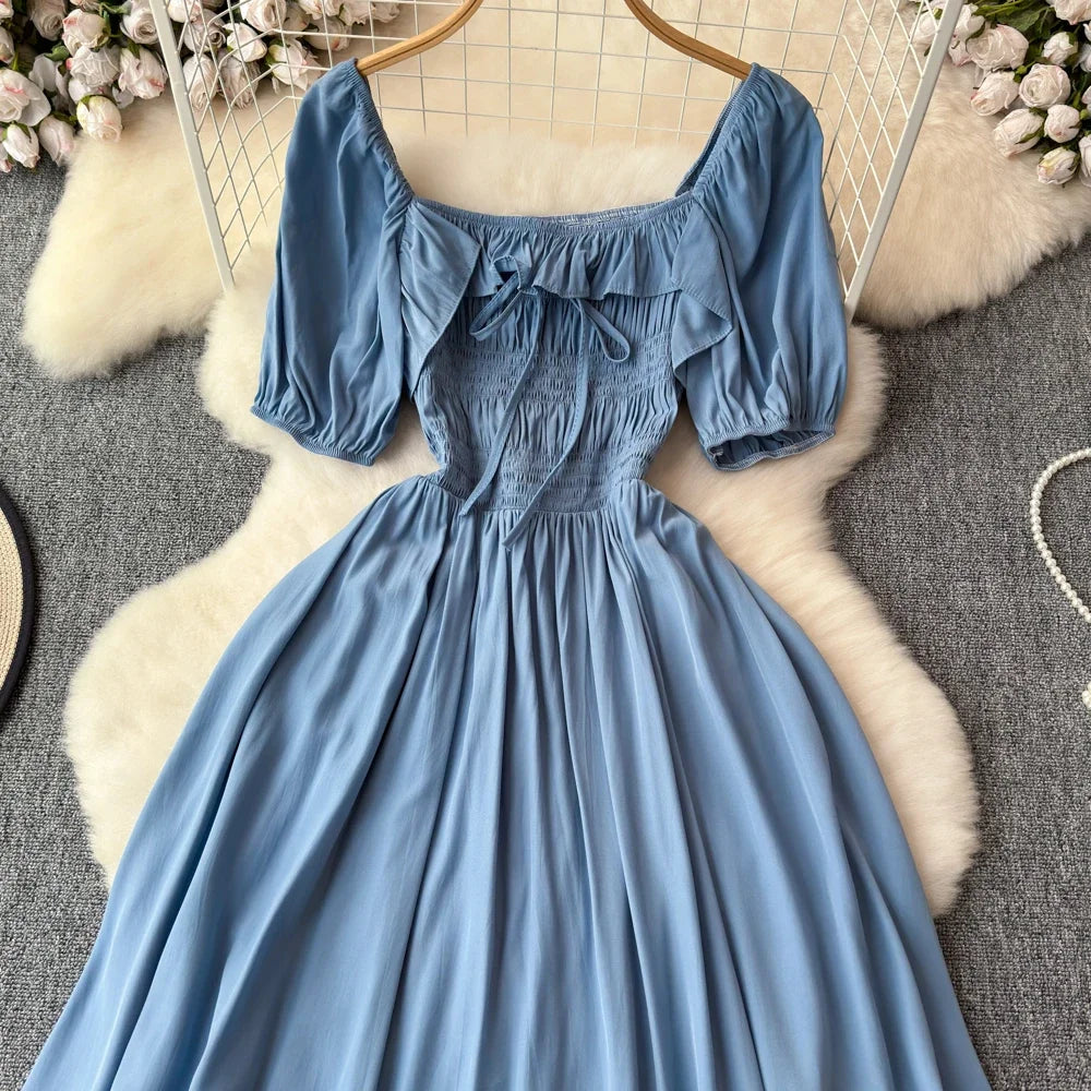 Babs Chic Elegant Square Collar Macy Dress Women Solid Short Puff Sleeve Dresses 2024 Korean Fashion Vintage Ruffle Vestidos