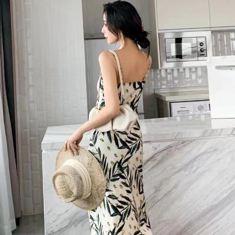 Maxy Printed Dresses Women Holiday Casual Summer Ins Sexy Graceful Korean Style New Female Mature Temperament Popular Empire Vintage