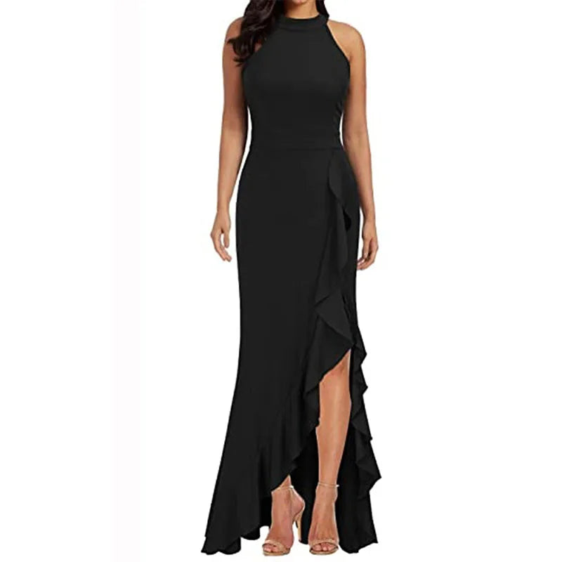Maxy Women High Waist Plus Size Sleeveless Halter Maxy Dress Evening Dresses for Party Wedding