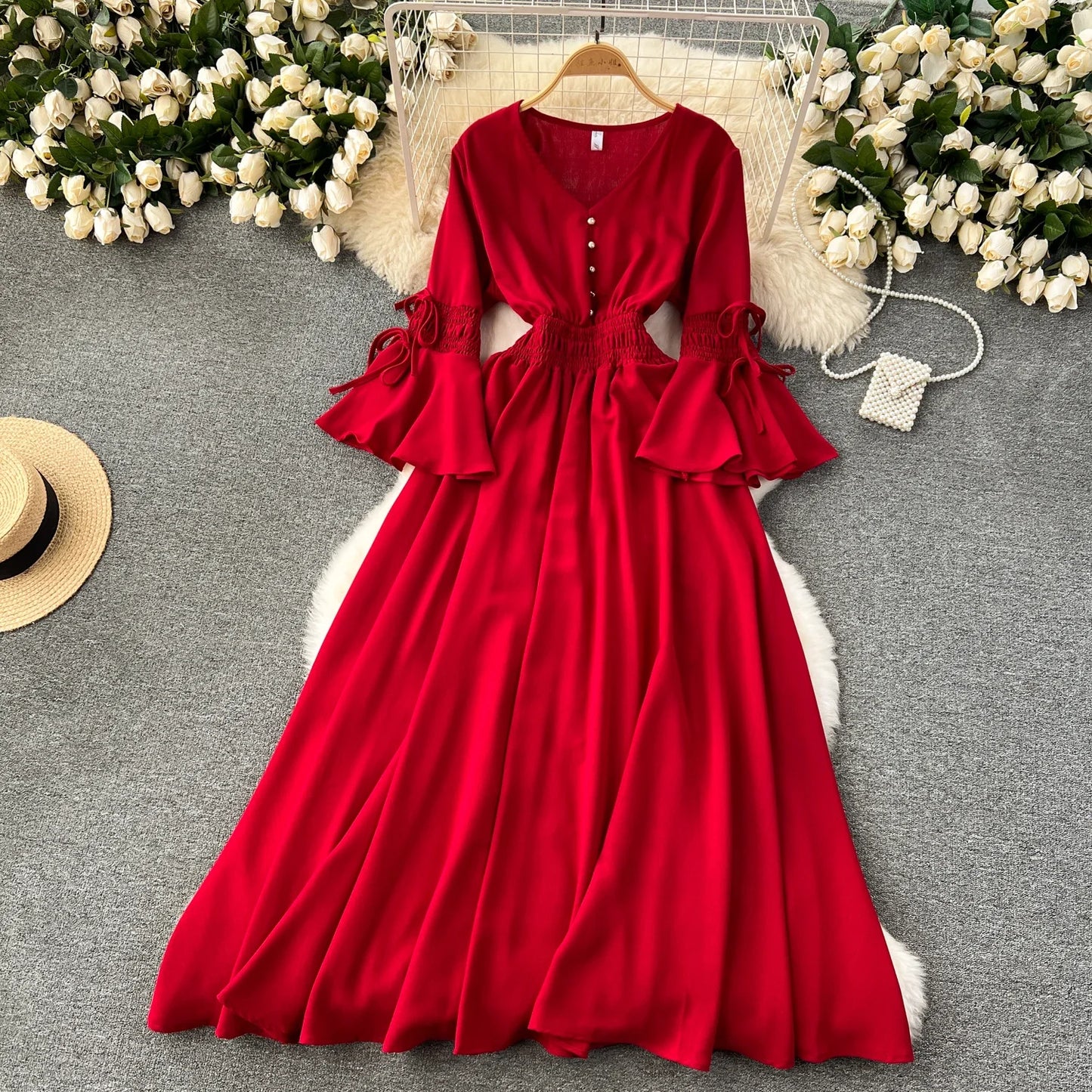 Maxy Purple/Green/Red Pleated Maxy Long Dress Women Vintage V-Neck Flare Sleeve Draped Ruffle Female Maxy Robe Summer