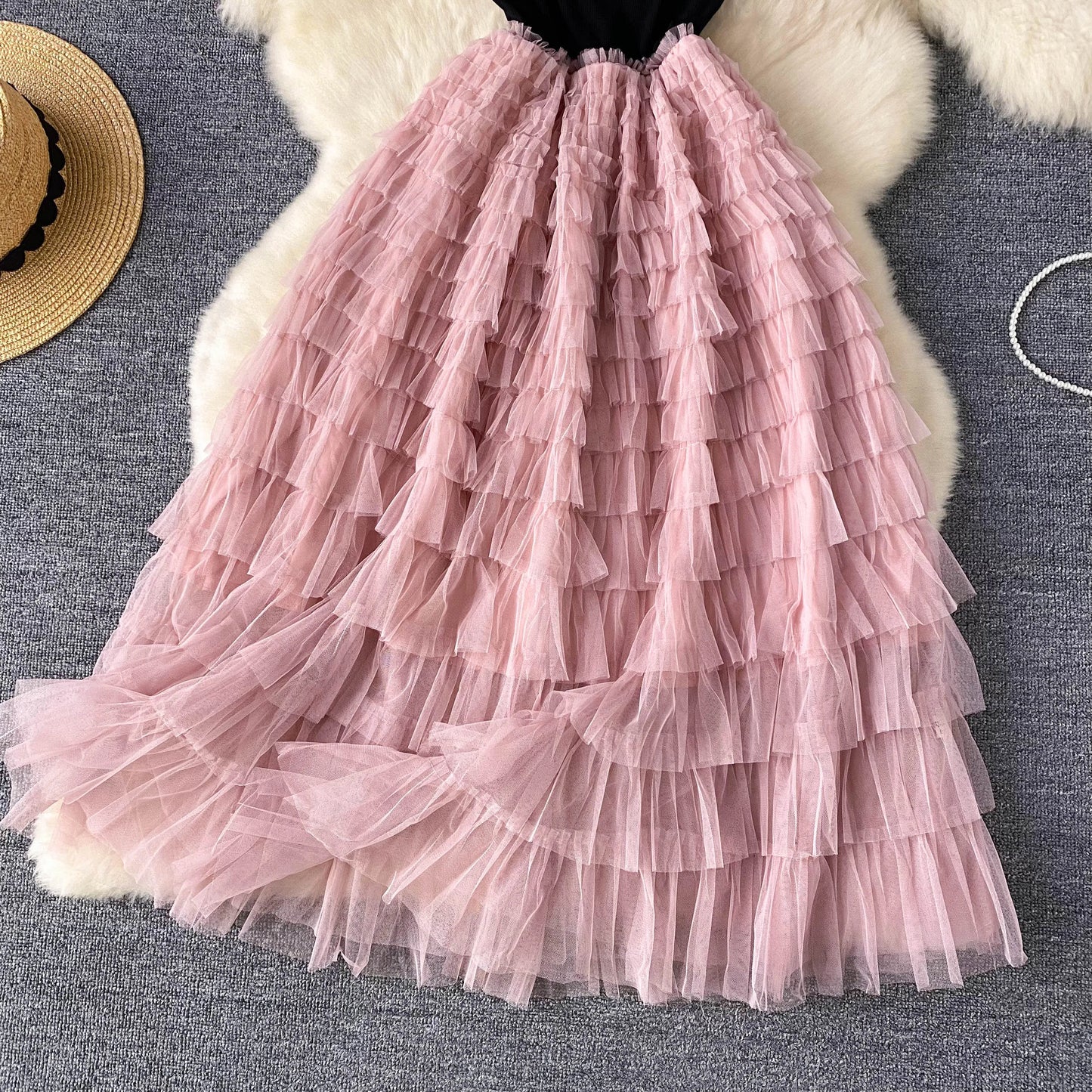 Maxy Fairycore Fashion Newest Chic Dresses Women O-Neck Short Sleeve Mesh Splice Design Vacation Summer Cake Long Dress