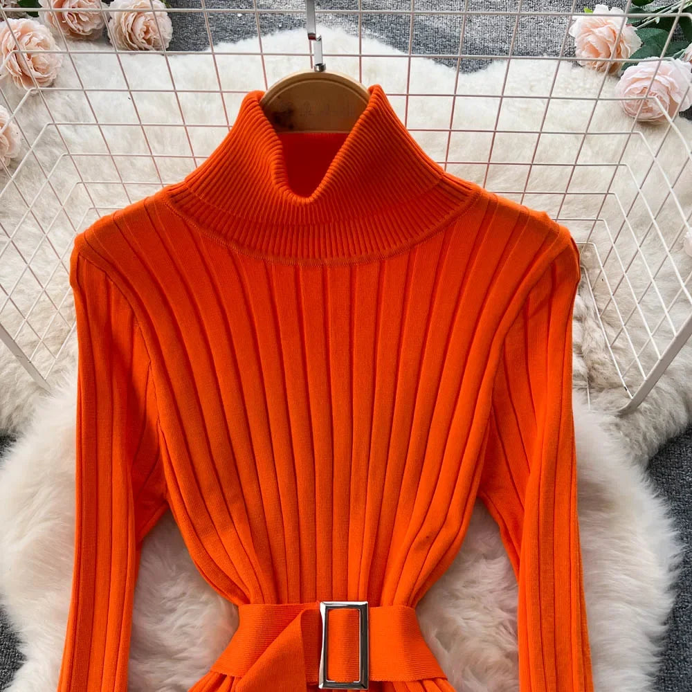 Babs Green Winter Turtleneck Sexy Women Dress Autumn Long Sleeve Skinny Macy  Bodycon Casual Sweater With Belt Party Club