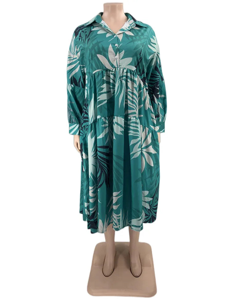 Maxy Plus Size Women Clothing Dresses Xl-5xl Flower Printed Long Sleeve Shirts Elegant Dress.