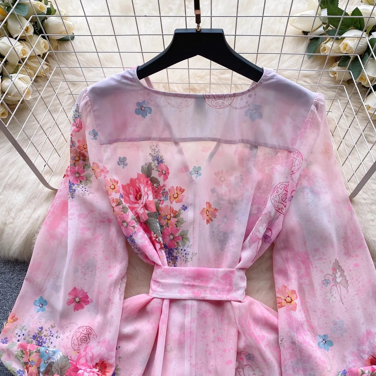 Maxy Spring Summer Gorgeous Flower Gracy Dress Women's V Neck Long Petal Sleeve Buttons Floral Print Lace Up Belt Mini dress