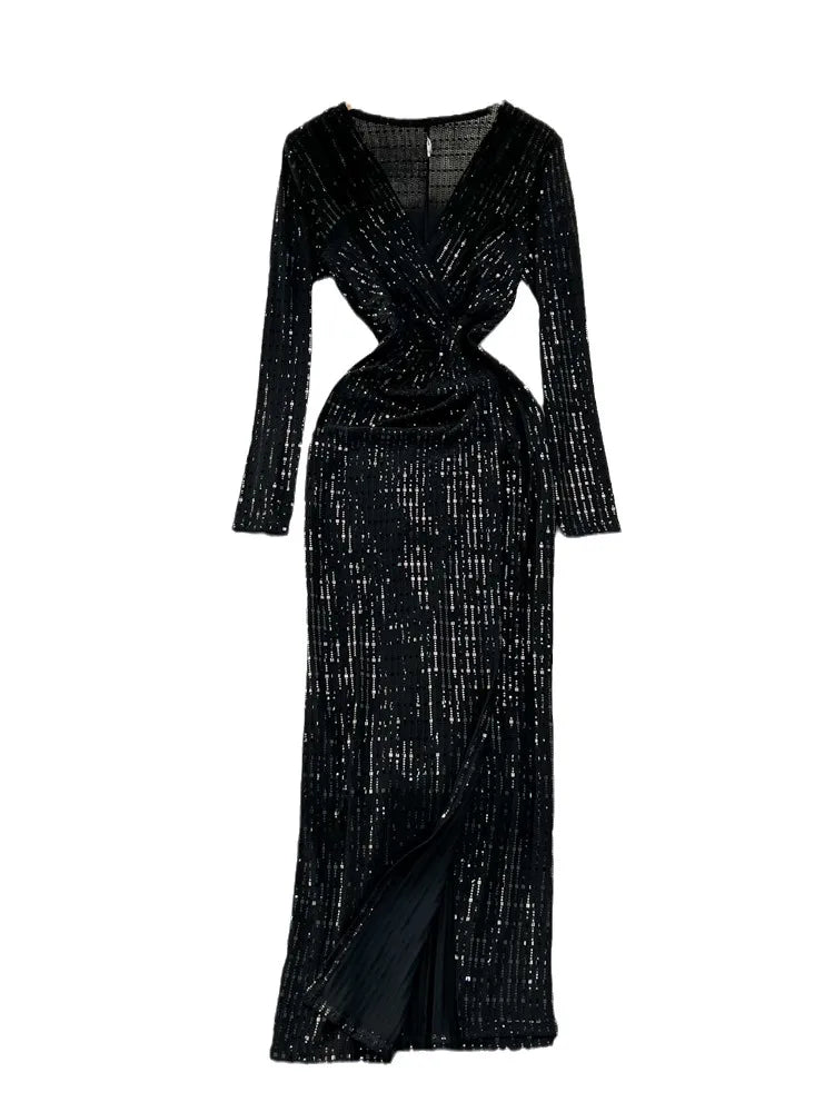 Babs Elegant Chic Y2K Women's Dress Long-sleeve V-neck Split Sequins Patchwork Hip Warp Dresses Autumn Winter