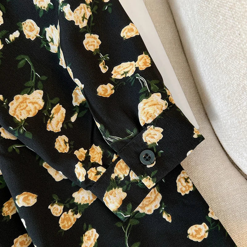 Momsey150Kg Plus size Women's Bust 150 Spring Autumn New Loose Long-Sleeved Lapel Floral Shirt-Dress Black 5XL 6XL 7XL 8XL 9XL