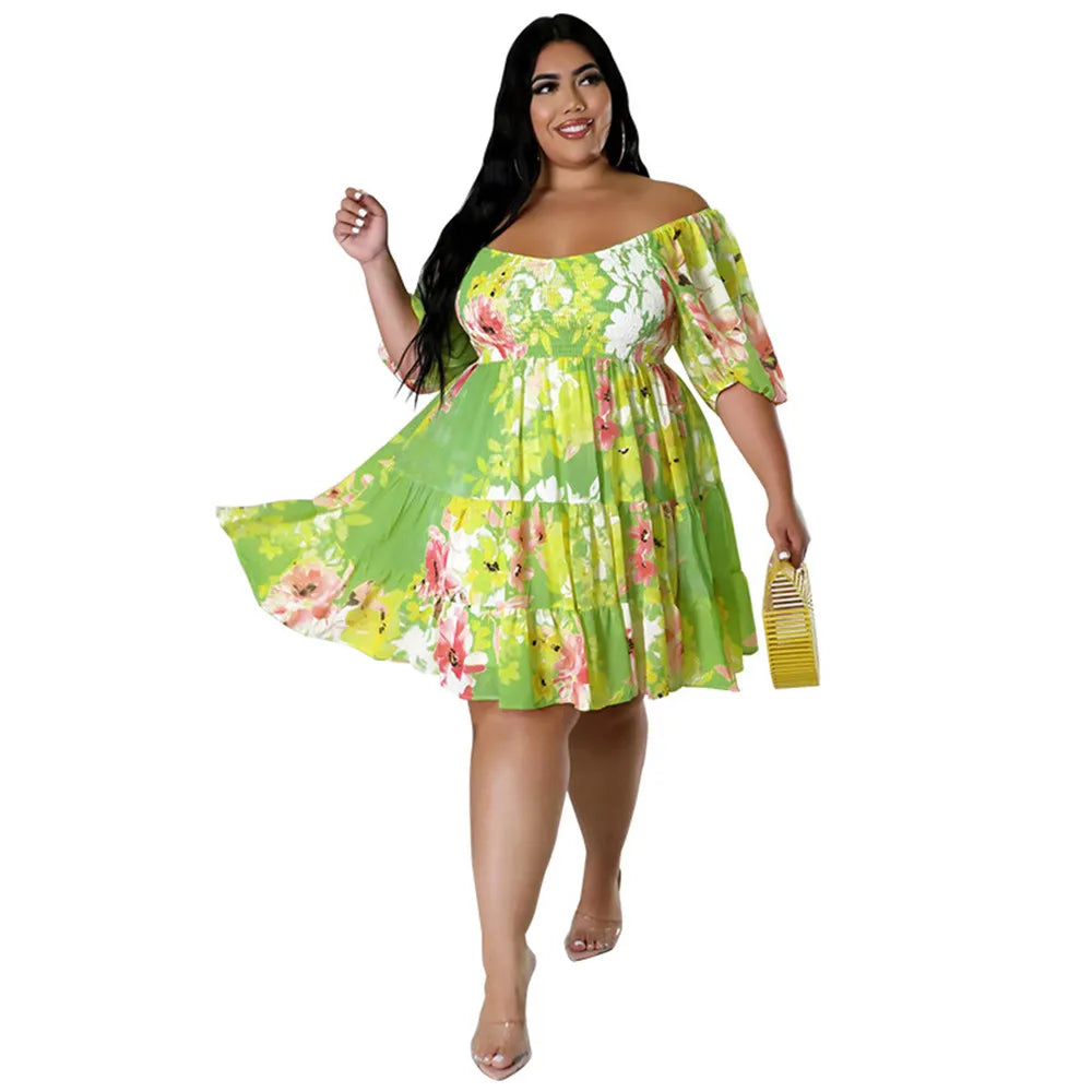 Maxy Plus Size Summer Dresses Women's Clothing Flower Printed One Shoulder Elegant Mini Dress Hot Sale