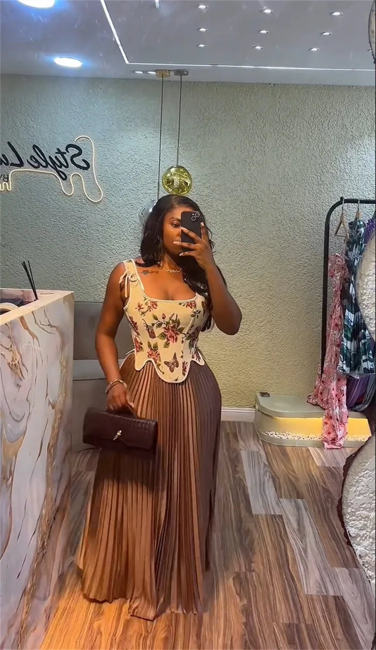 Maxy CM.YAYA Women's Set Floral Print Waist-cinching Vest +Pleated Long Skirts Suit 2025 Party Evening Street Two 2 Piece Set Outfit