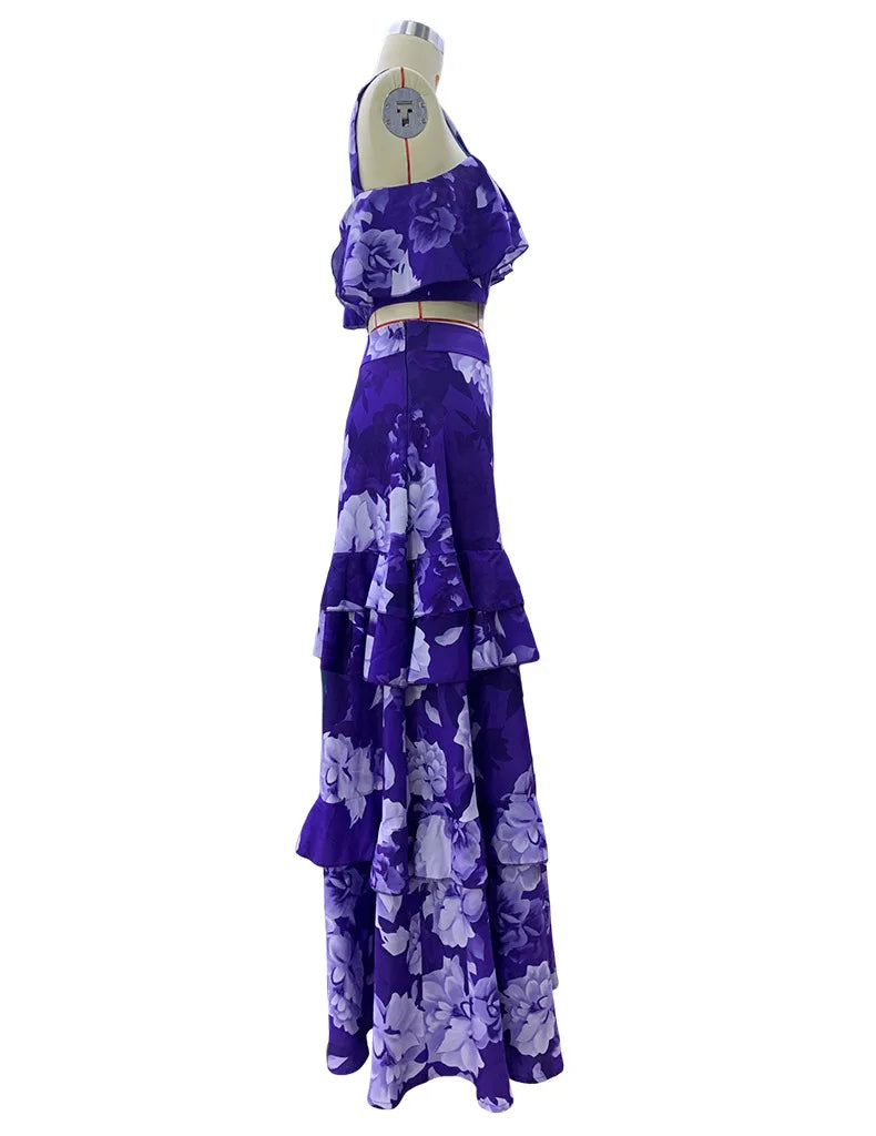 Maxy 2 Piece Set Women Stylish Floral Elegant Printed Sleeveless Short Top+Loose High Waist Pleated Long Skirt Sets
