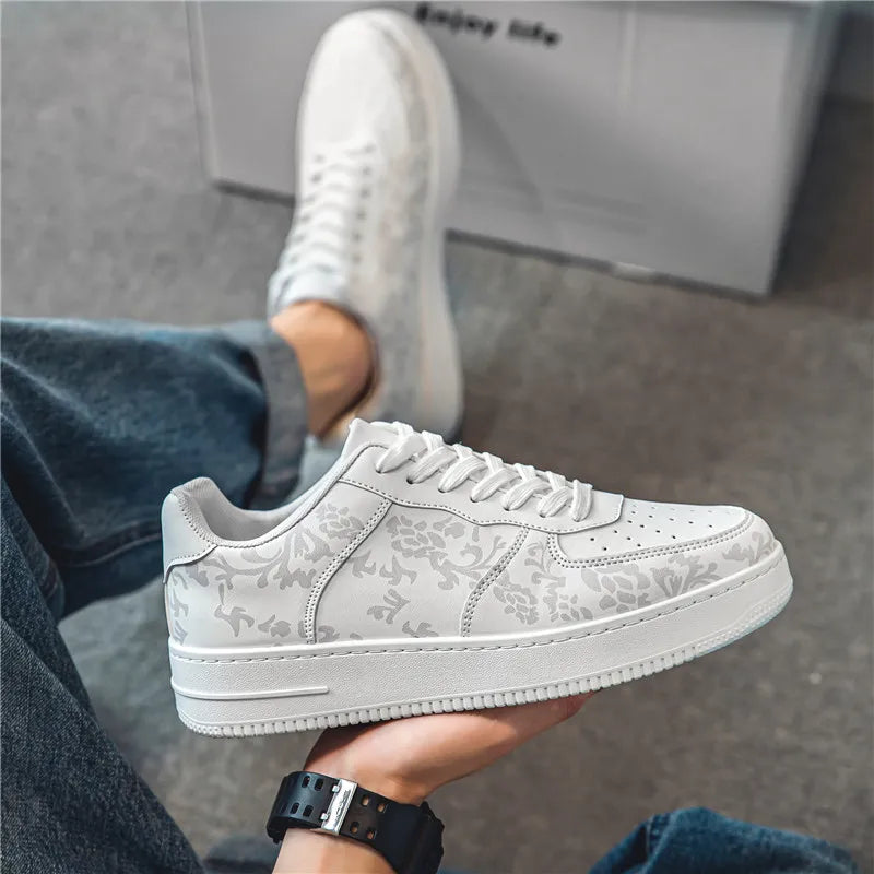 Maxy Fashion Print Blue Men's Skateboard Shoes Leather Breathable Man Casual Sneakers Platform Non-slip Men Skateboarding Shoes