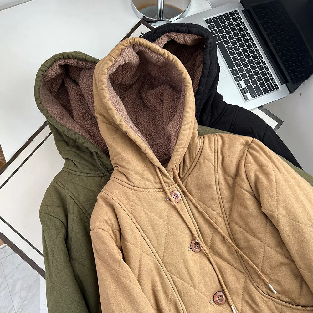 Winter 100kg Simple Mid-length Fleece Lining Hooded Cotton-padded Jacket Plus Size Women's Thick Warm Parka