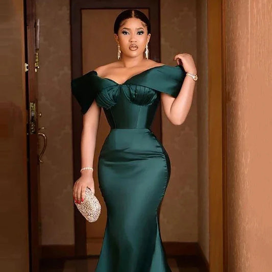 Dark Green Babs Evening Dresses Off Shoulder Satin Ruffled Long Robe Femme African Plus Size Pleated Formal Party Prom Gowns