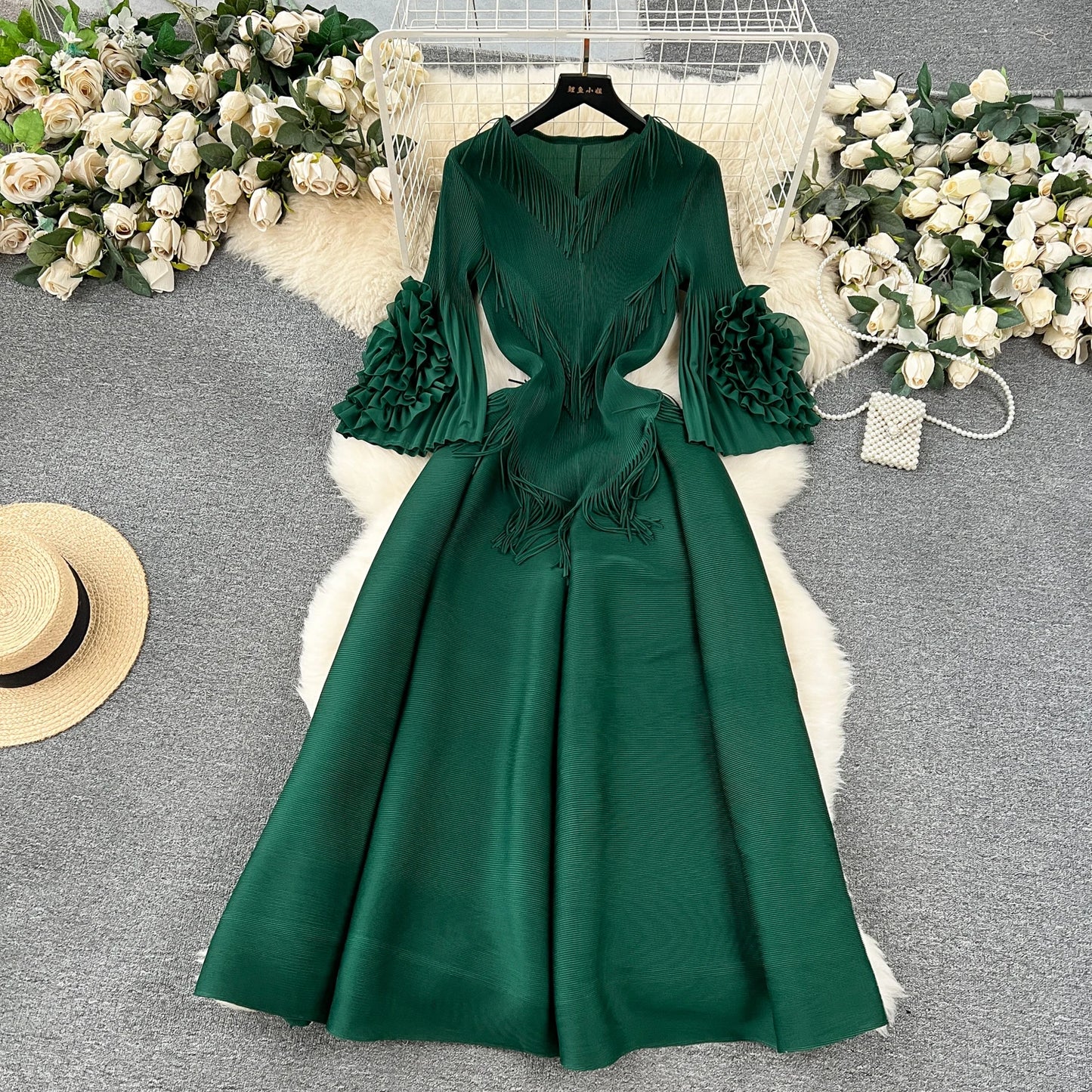 Vintage Elegant V-neck Flare Sleeve tassels pleated Dress A-line Fashion Beach Spring Summer Vestidos Women  Dresses