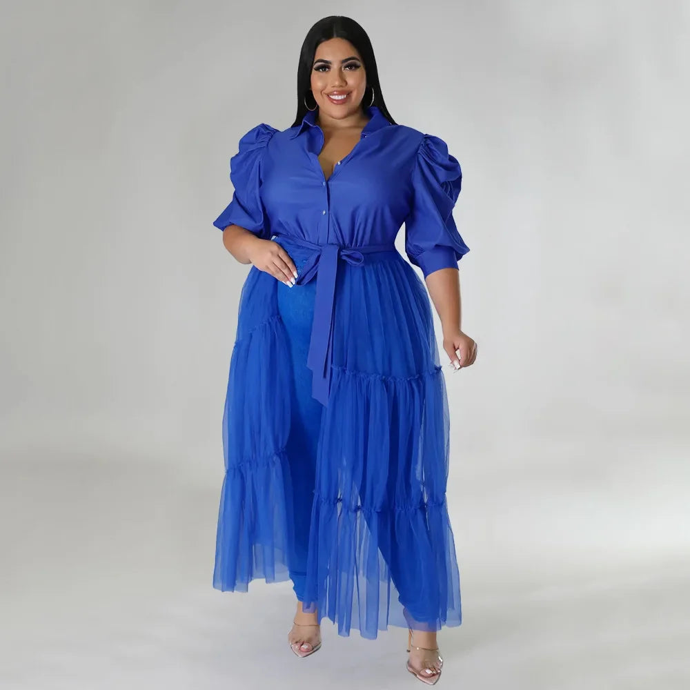 Babs Elegant Plus Size Women Big Swing Shirt Dress Sexy Mesh Patchwork Long Sleeve Single Breasted with Sashes Casual Dresses