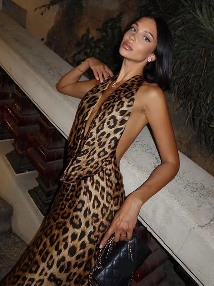 Maxy Sexy Babs Backless Leopard Printed Halter Long Dress Elegant Swing Collar Sleeveless Dresses Chic Lady Party Gowns Club Robes