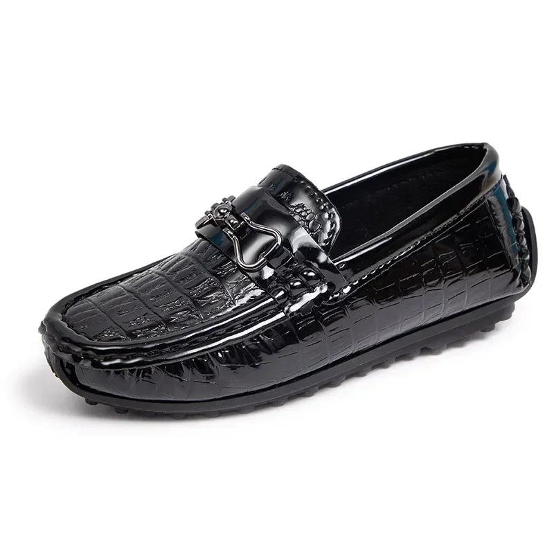 Visco Boys Leather Shoes Round-toe Flat Soft Kids Fashion Casual Loafers Glossy Metal Buckle Children Moccasins Non-slip Britain Style