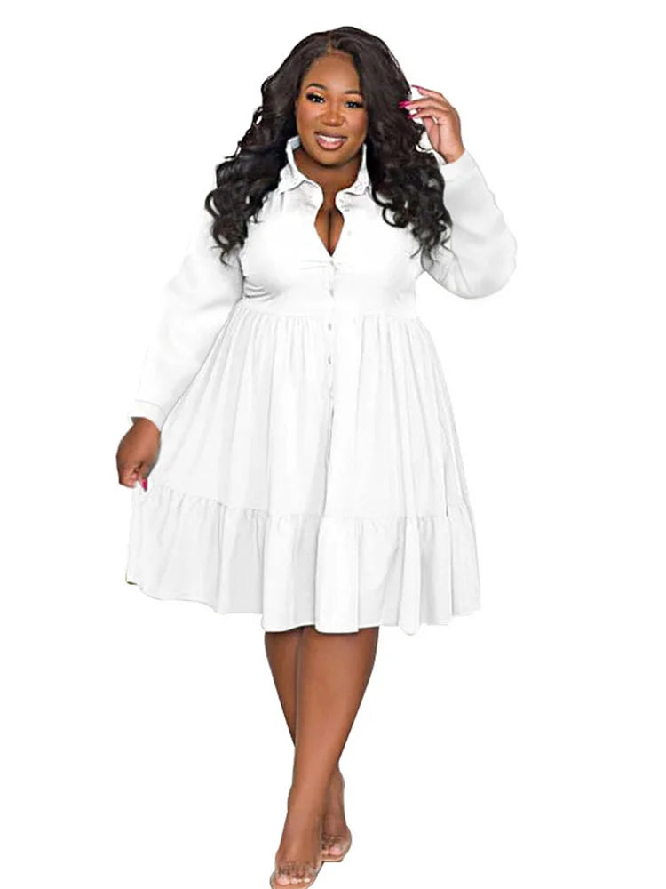 Maxy Plus Size Dresses Women Clothing Solid Long Sleeve Elegant Casual Cute Ball Gown Shirts Mini Dress