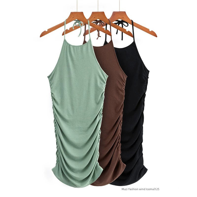 Maxy Pleated European and American Style Dress Slim Fit Slim Looking Waist Halter neck