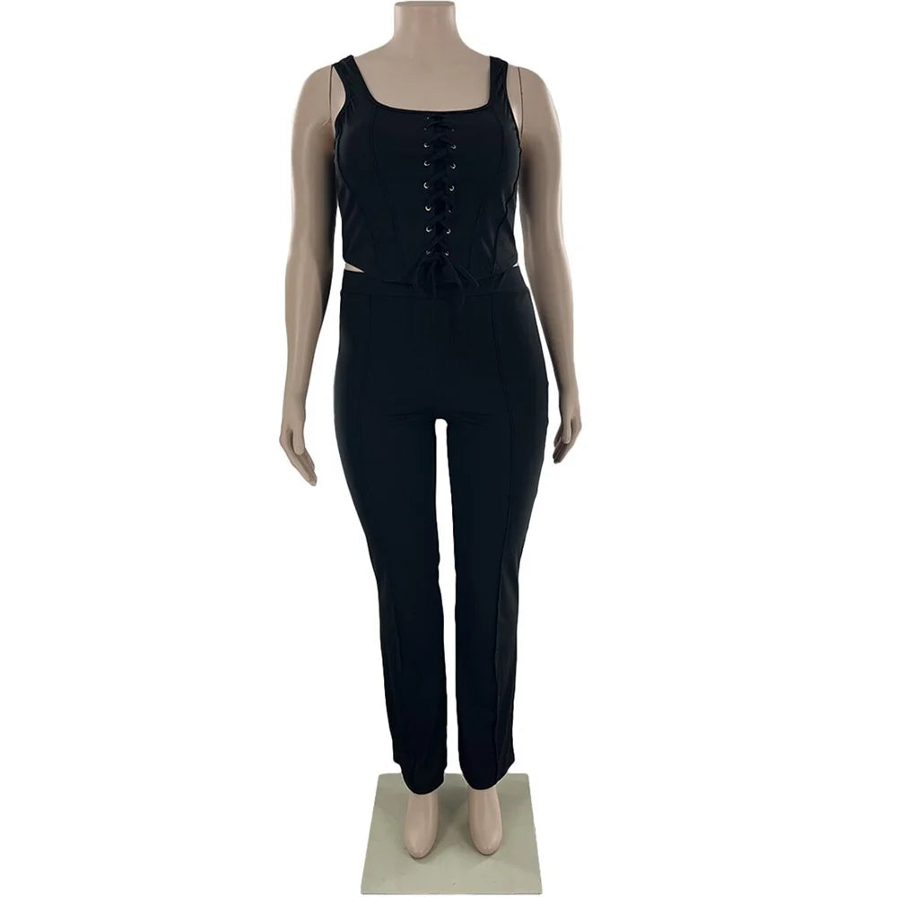 Maxy Plus Size Women Clothing 2 Piece Outfits Summer Bandage Top Flared Pants Fashion Matching Sets